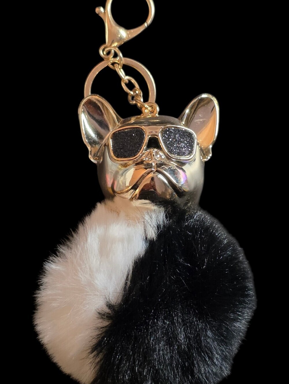 Gold French Bulldog Pom Bag Charm Keychain with White/Black Pom